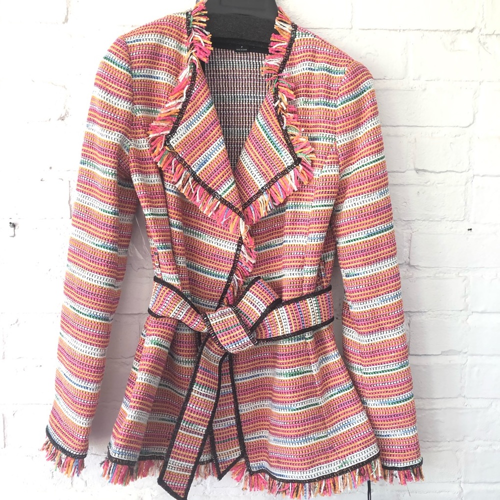 W BY WORTH Pink Orange Creme tweed fringe jacket